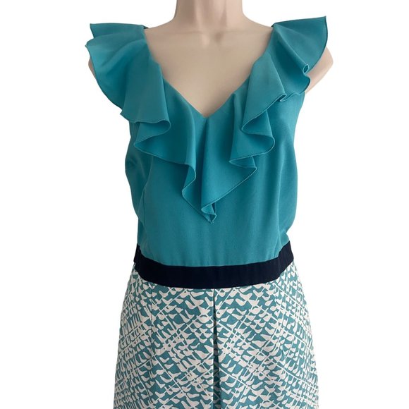 Size 12 TEAL RUFFLE NECK‎ SHEATH DRESS W/POCKETS Spring Summer Church Career - Picture 2 of 4